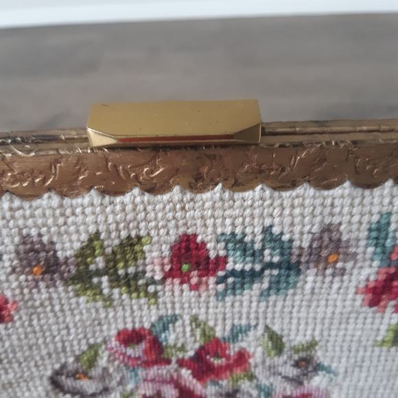 Vintage floral needle point tapestry bag.  Cream with a bright floral design. - Picture 2 of 6